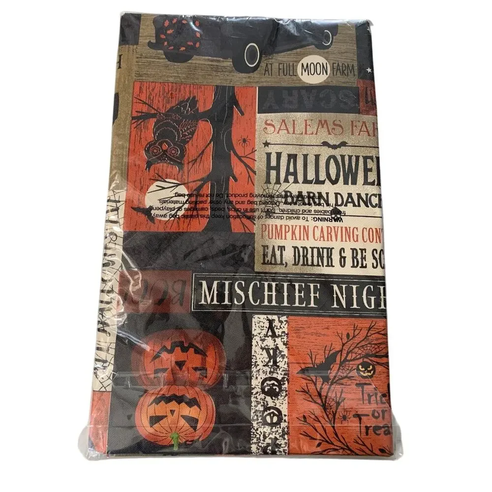 Halloween Themed Tablecloth 70in Round Polyester Backed Vinyl Surface NEW
